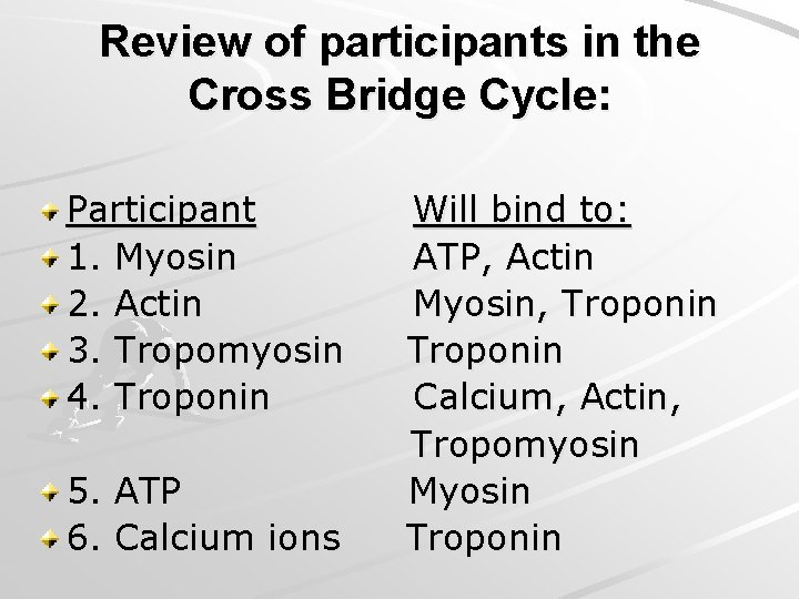 Review of participants in the Cross Bridge Cycle: Participant 1. Myosin 2. Actin 3.