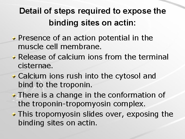 Detail of steps required to expose the binding sites on actin: Presence of an