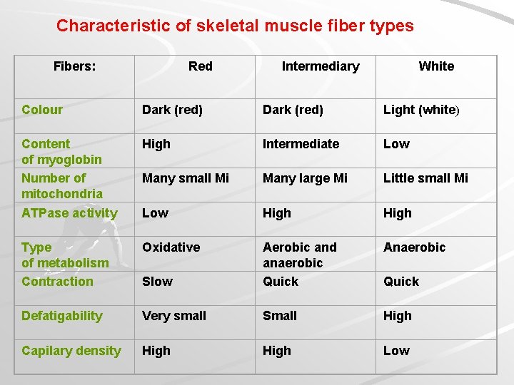 Characteristic of skeletal muscle fiber types Fibers: Red Intermediary White Colour Dark (red) Light