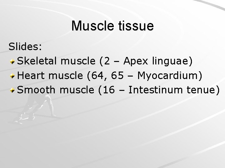 Muscle tissue Slides: Skeletal muscle (2 – Apex linguae) Heart muscle (64, 65 –