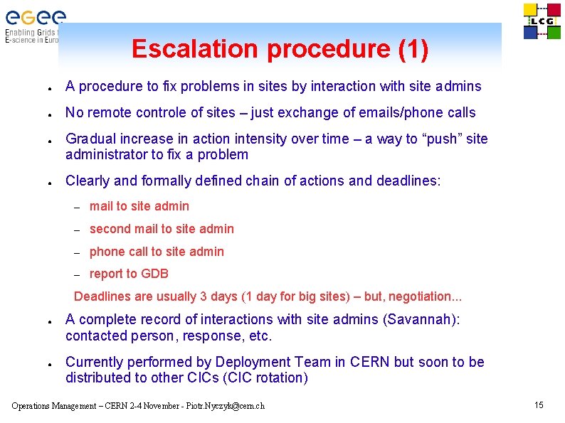 Escalation procedure (1) ● A procedure to fix problems in sites by interaction with