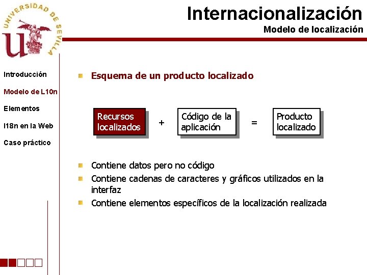 Internacionalización Modelo de localización Introducción Esquema de un producto localizado Modelo de L 10