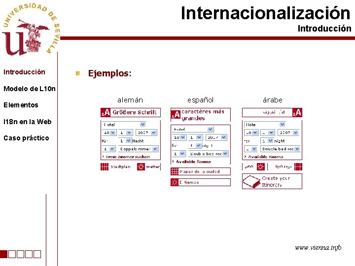 Internacionalización Introducción Ejemplos: Modelo de L 10 n Elementos alemán español árabe I 18