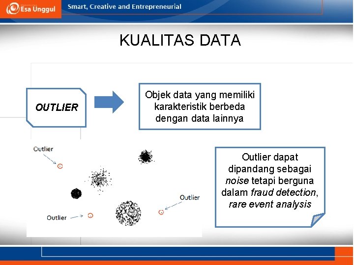 KUALITAS DATA OUTLIER Objek data yang memiliki karakteristik berbeda dengan data lainnya Outlier dapat
