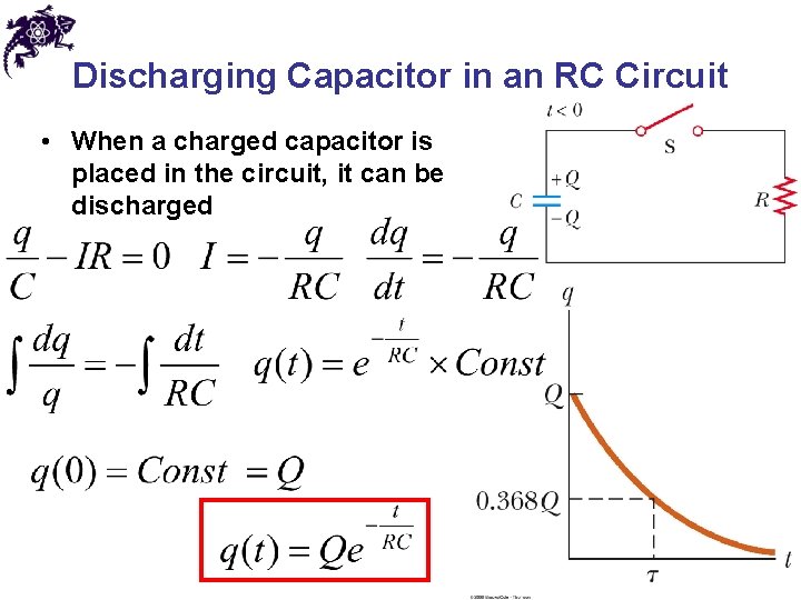 Discharging Capacitor in an RC Circuit • When a charged capacitor is placed in