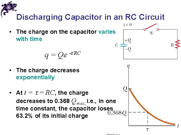 Discharging Capacitor in an RC Circuit • The charge on the capacitor varies with