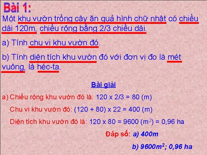 Một khu vườn trồng cây ăn quả hình chữ nhật có chiều dài 120