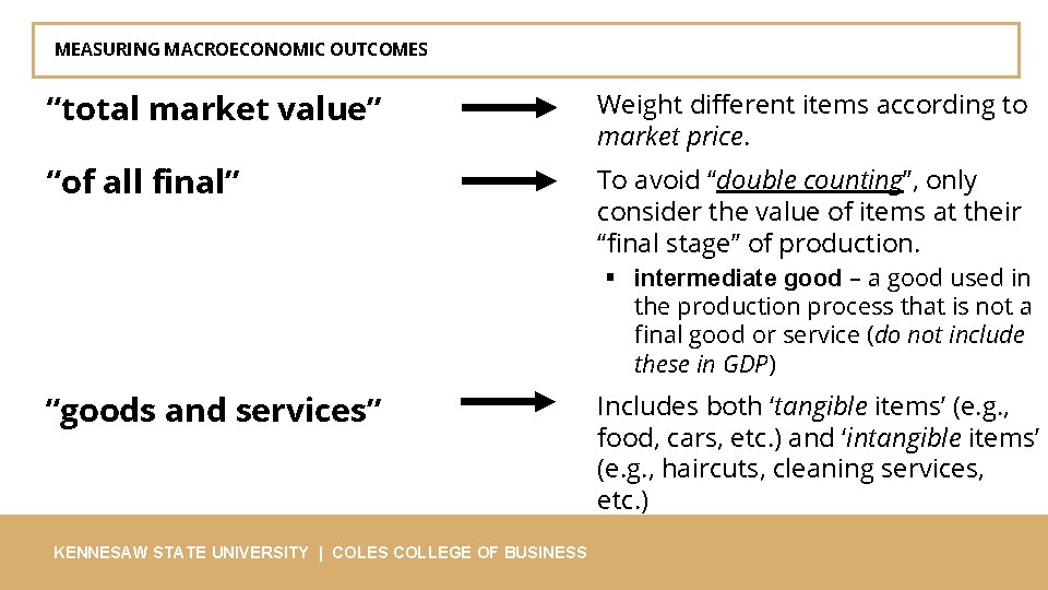 MEASURING MACROECONOMIC OUTCOMES “total market value” Weight different items according to market price. “of