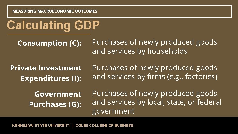 MEASURING MACROECONOMIC OUTCOMES Calculating GDP Consumption (C): Purchases of newly produced goods and services