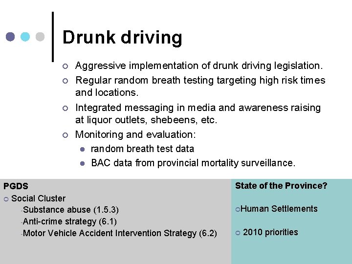 Drunk driving ¢ ¢ Aggressive implementation of drunk driving legislation. Regular random breath testing