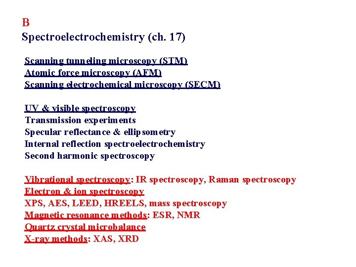 B Spectroelectrochemistry (ch. 17) Scanning tunneling microscopy (STM) Atomic force microscopy (AFM) Scanning electrochemical