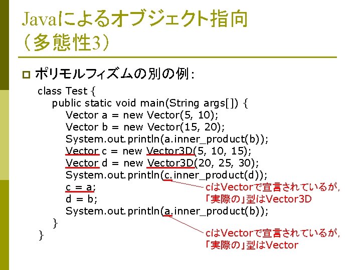 Javaによるオブジェクト指向 （多態性 3） p ポリモルフィズムの別の例： class Test { public static void main(String args[]) {