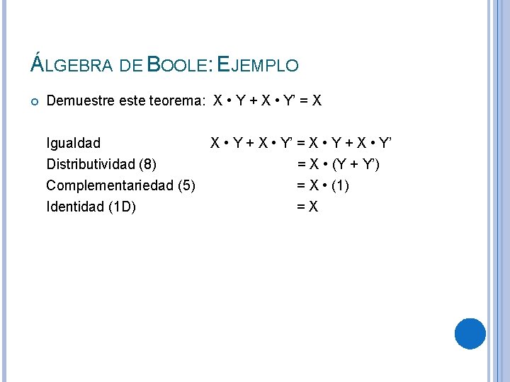 ÁLGEBRA DE BOOLE: EJEMPLO Demuestre este teorema: X • Y + X • Y’