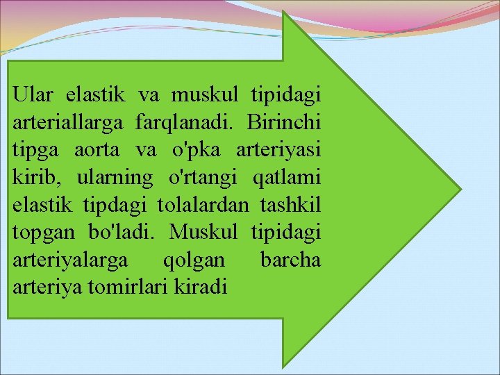 Ular elastik va muskul tipidagi arteriallarga farqlanadi. Birinchi tipga aorta va o'pka arteriyasi kirib,