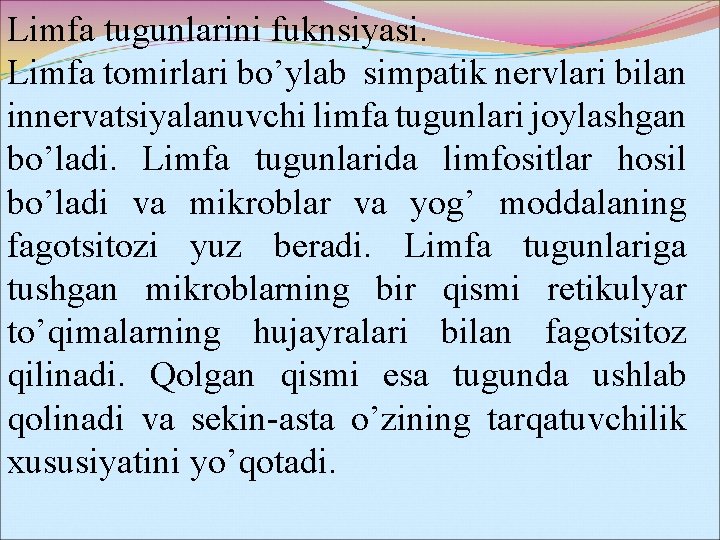 Limfa tugunlarini fuknsiyasi. Limfa tomirlari bo’ylab simpatik nervlari bilan innervatsiyalanuvchi limfa tugunlari joylashgan bo’ladi.