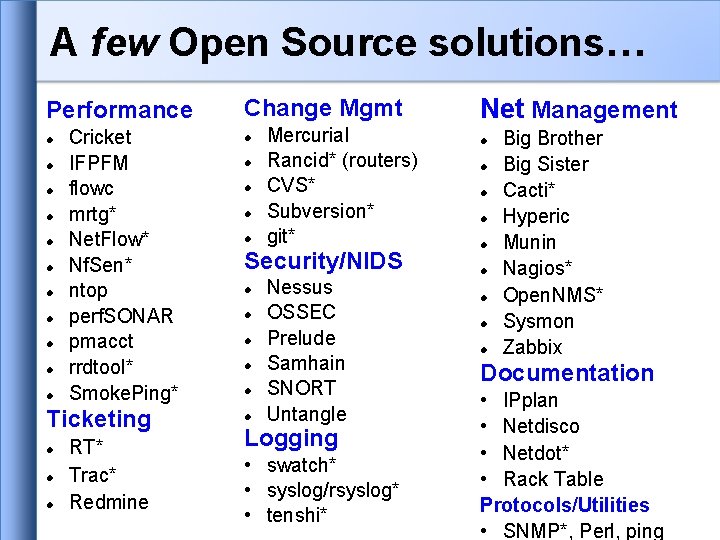 A few Open Source solutions… Performance Cricket IFPFM flowc mrtg* Net. Flow* Nf. Sen* A few Open Source solutions… Performance Cricket IFPFM flowc mrtg* Net. Flow* Nf. Sen*