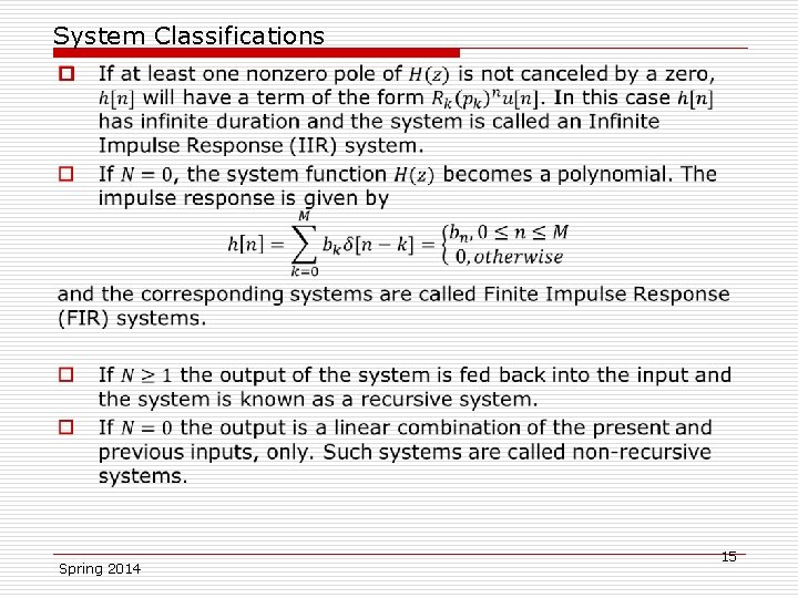 System Classifications o Spring 2014 15 
