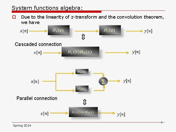 System functions algebra: o Due to the linearity of z-transform and the convolution theorem,