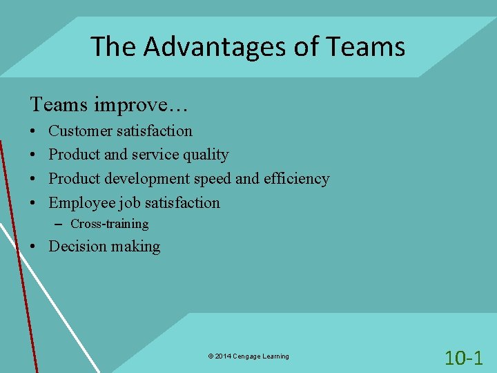 The Advantages of Teams improve… • • Customer satisfaction Product and service quality Product