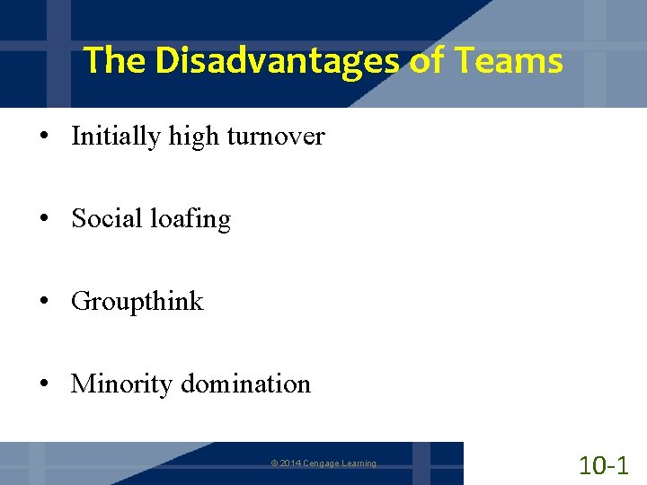 The Disadvantages of Teams • Initially high turnover • Social loafing • Groupthink •