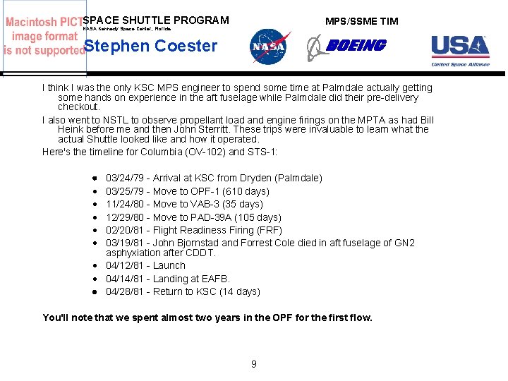 SPACE SHUTTLE PROGRAM MPS/SSME TIM NASA Kennedy Space Center, Florida Stephen Coester I think