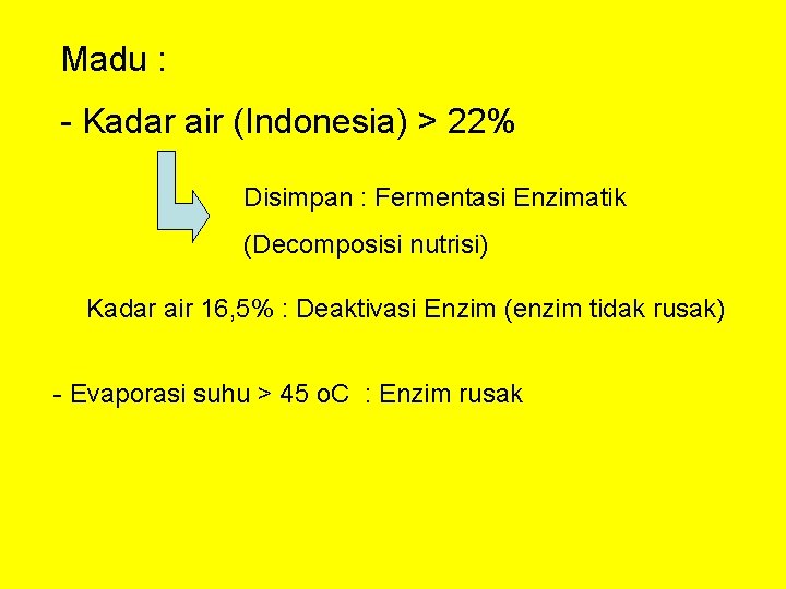 Madu : - Kadar air (Indonesia) > 22% Disimpan : Fermentasi Enzimatik (Decomposisi nutrisi)