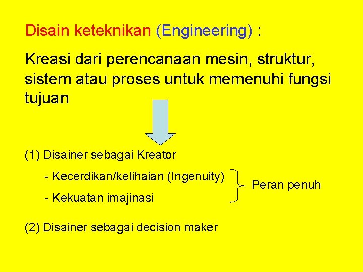 Disain keteknikan (Engineering) : Kreasi dari perencanaan mesin, struktur, sistem atau proses untuk memenuhi