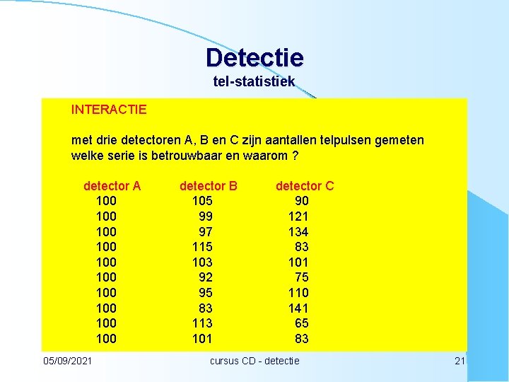 Detectie tel-statistiek INTERACTIE met drie detectoren A, B en C zijn aantallen telpulsen gemeten