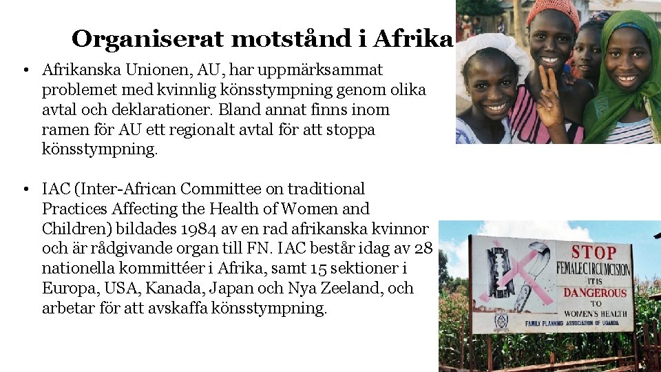 Organiserat motstånd i Afrika • Afrikanska Unionen, AU, har uppmärksammat problemet med kvinnlig könsstympning