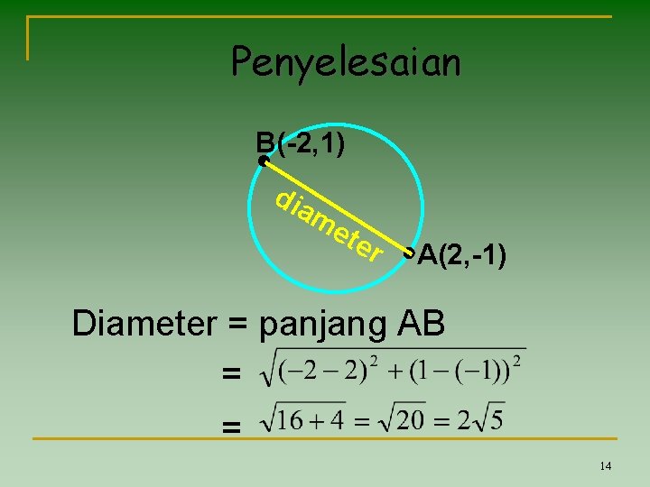 Penyelesaian B(-2, 1) dia me te r A(2, -1) Diameter = panjang AB =