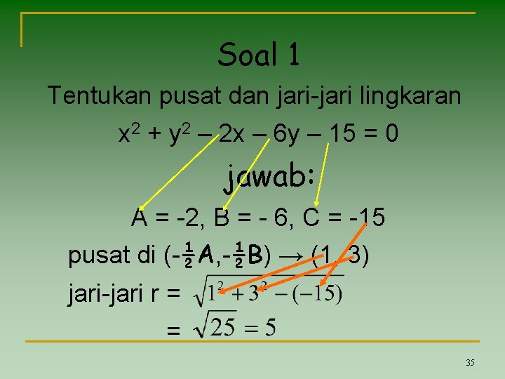 Soal 1 Tentukan pusat dan jari-jari lingkaran x 2 + y 2 – 2