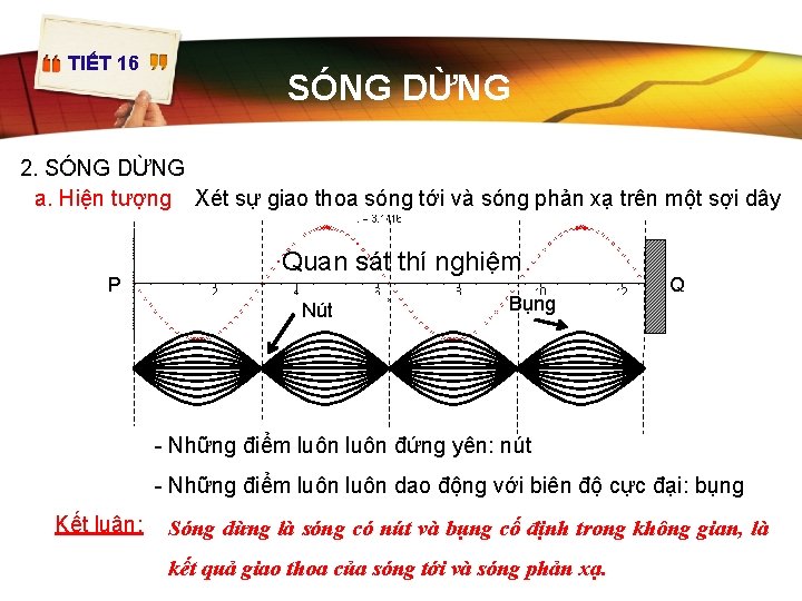 TIẾT 16 SÓNG DỪNG 2. SÓNG DỪNG a. Hiện tượng Xét sự giao thoa