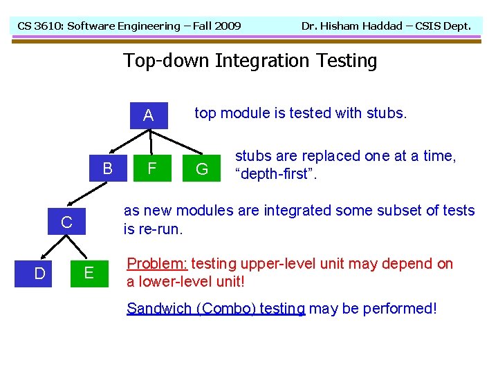 CS 3610: Software Engineering – Fall 2009 Dr. Hisham Haddad – CSIS Dept. Top-down