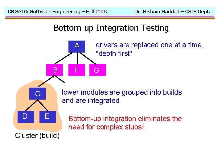 CS 3610: Software Engineering – Fall 2009 Dr. Hisham Haddad – CSIS Dept. Bottom-up