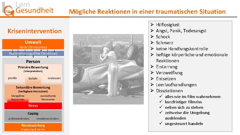 Mögliche Reaktionen in einer traumatischen Situation Krisenintervention Ø Ø Ø Hilflosigkeit Angst, Panik, Todesangst