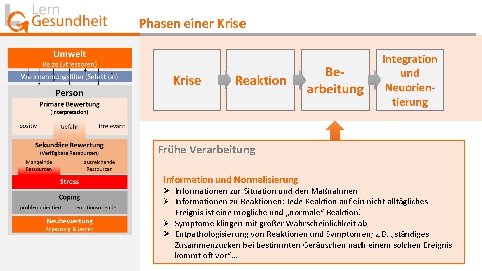 Phasen einer Krise Reaktion Bearbeitung Integration und Neuorientierung Frühe Verarbeitung Information und Normalisierung Ø