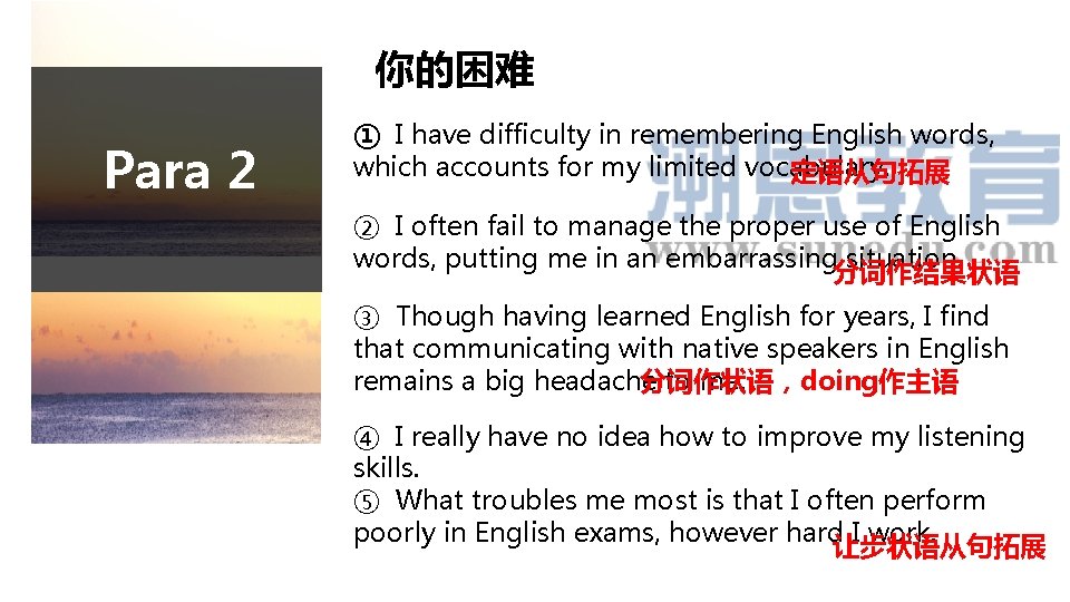 你的困难 Para 2 ① I have difficulty in remembering English words, which accounts for