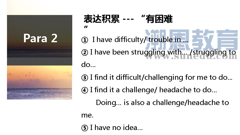 Para 2 表达积累 --- “有困难 ” ① I have difficulty/ trouble in … ②