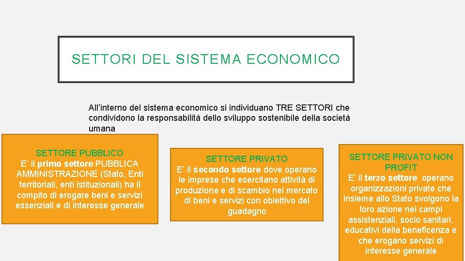 SETTORI DEL SISTEMA ECONOMICO All’interno del sistema economico si individuano TRE SETTORI che condividono