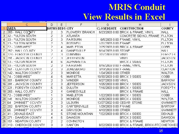 MRIS Conduit View Results in Excel RETS Client Strategies 15 