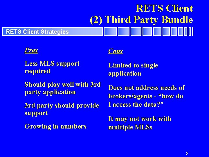 RETS Client (2) Third Party Bundle RETS Client Strategies Pros Cons Less MLS support