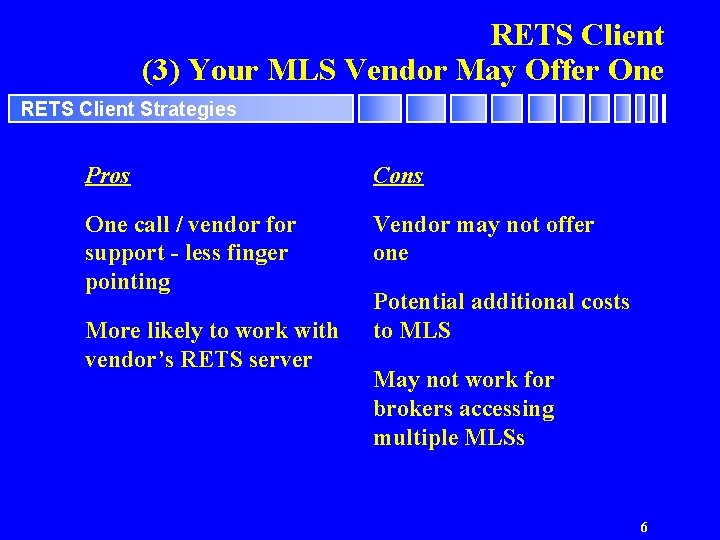 RETS Client (3) Your MLS Vendor May Offer One RETS Client Strategies Pros Cons