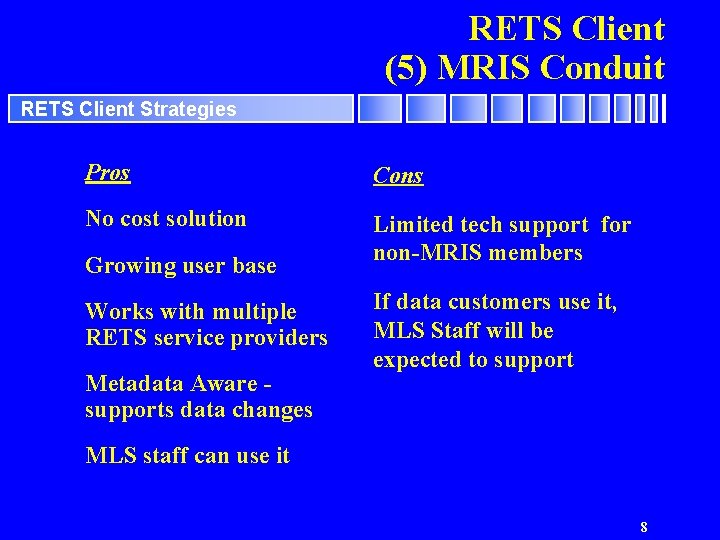 RETS Client (5) MRIS Conduit RETS Client Strategies Pros Cons No cost solution Limited