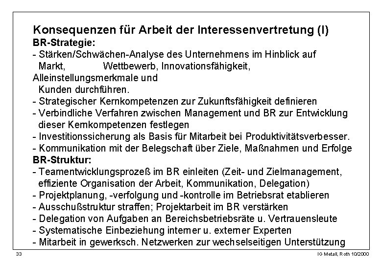 Konsequenzen für Arbeit der Interessenvertretung (I) BR-Strategie: - Stärken/Schwächen-Analyse des Unternehmens im Hinblick auf