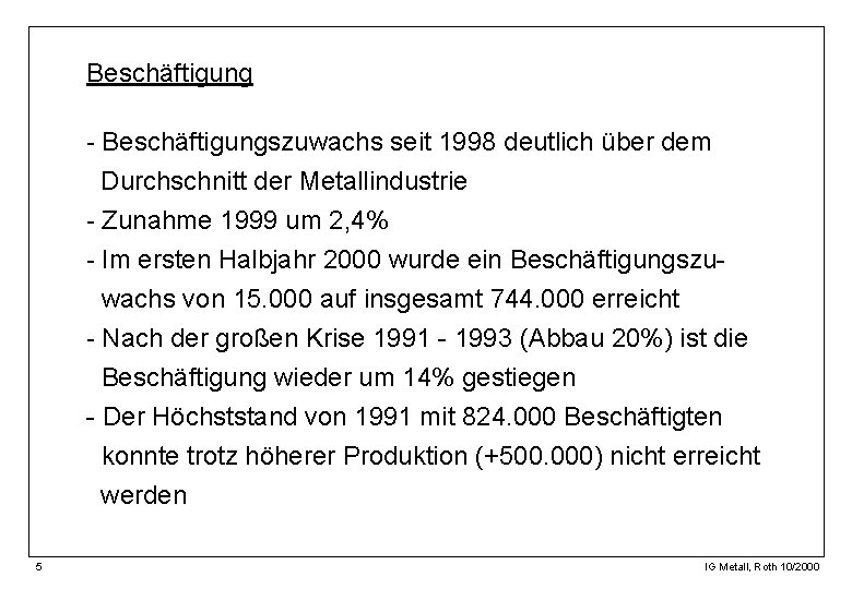 Beschäftigung - Beschäftigungszuwachs seit 1998 deutlich über dem Durchschnitt der Metallindustrie - Zunahme 1999