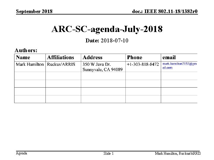 September 2018 doc. : IEEE 802. 11 -18/1382 r 0 ARC-SC-agenda-July-2018 Date: 2018 -07