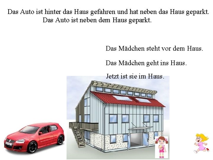 Das Auto ist hinter das Haus gefahren und hat neben das Haus geparkt. Das