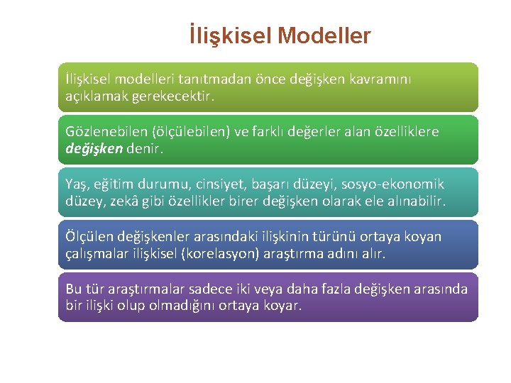 İlişkisel Modeller İlişkisel modelleri tanıtmadan önce değişken kavramını açıklamak gerekecektir. Gözlenebilen (ölçülebilen) ve farklı