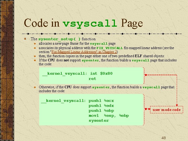 Code in vsyscall Page The sysenter_setup( ) function allocates a new page frame for