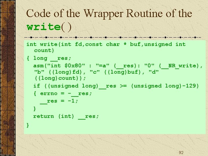 Code of the Wrapper Routine of the write( ) int write(int fd, const char